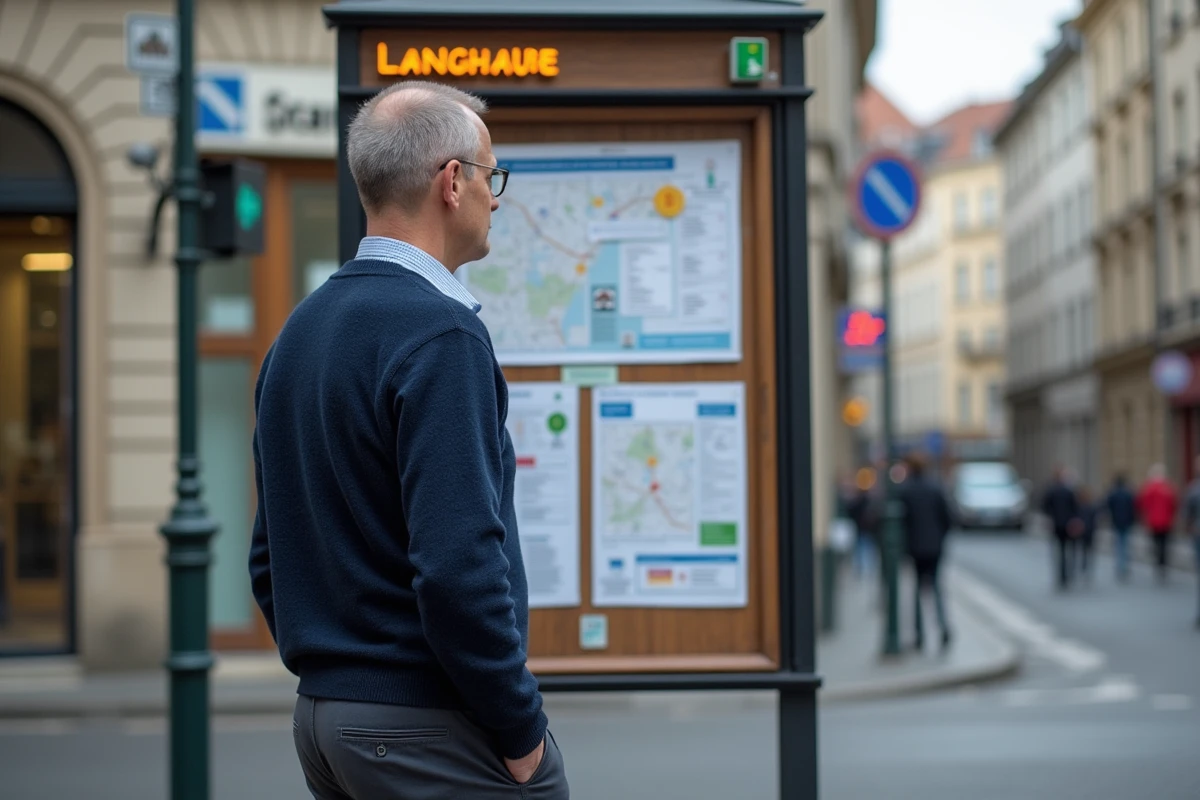 Homme consultant un panneau d'affichage communautaire dans un quartier de Metz pour évaluer le secteur