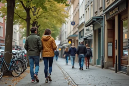 Couple évaluant un quartier de Metz en se promenant dans une rue en pierre avec commerces locaux