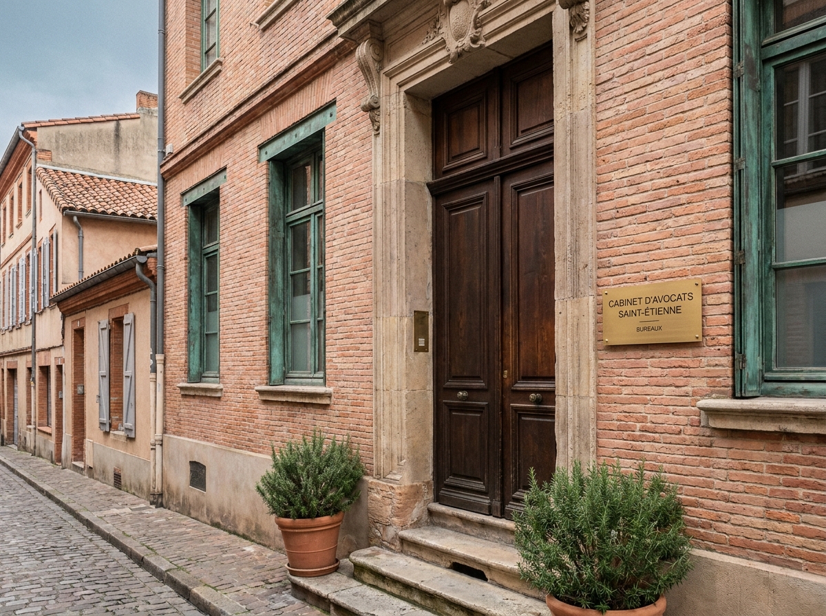 Façade d'un immeuble résidentiel ancien du quartier Saint-Étienne à Toulouse reconverti en bureaux avec porte en bois d'époque et signalétique moderne