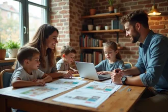 Famille avec deux enfants consultant des annonces immobilières LOC autour d'une table en bois