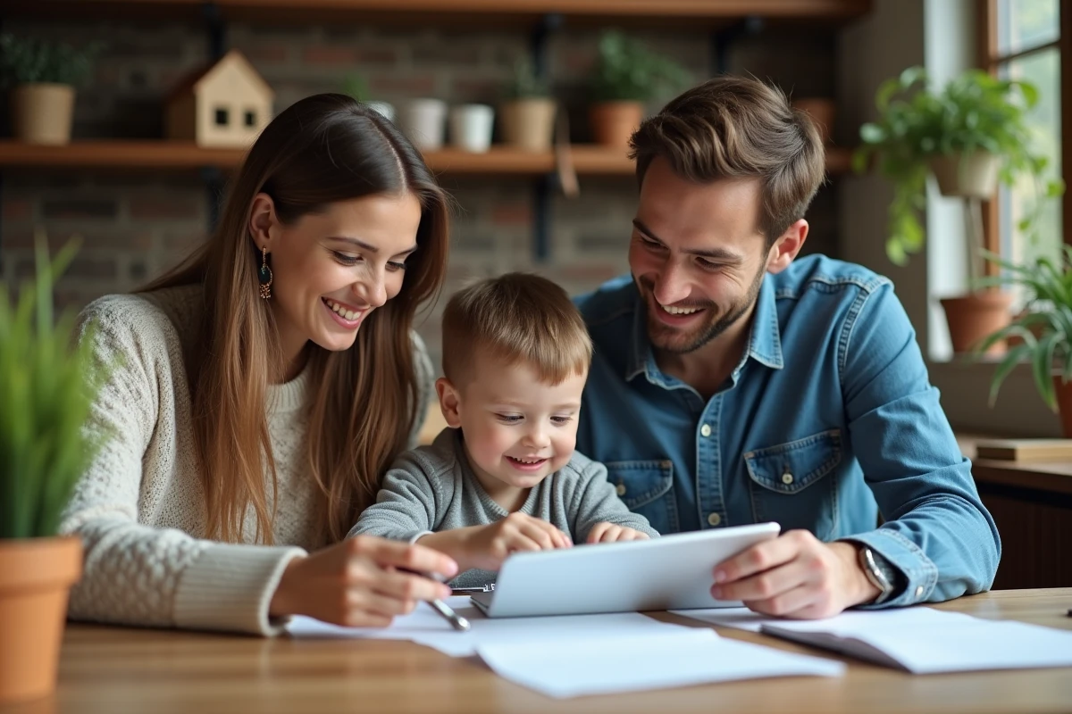 Famille souriante réunie à table dans un intérieur chaleureux