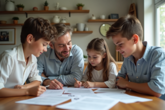 Famille de quatre autour d'une table en intérieur lumineux