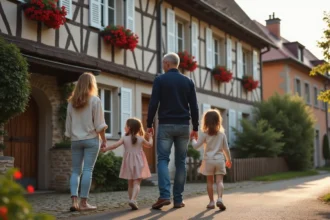 Famille avec enfants devant une maison alsacienne à colombages à louer dans le Bas-Rhin