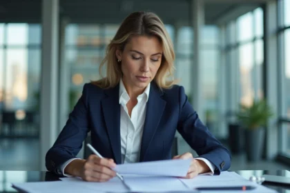 Femme d'affaires en costume bleu étudie des documents de location