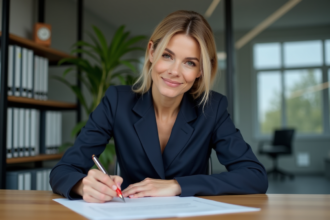 Femme d'affaires signant des documents dans un bureau moderne