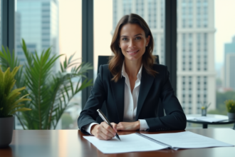 Femme d'affaires signant des documents immobiliers dans un bureau moderne