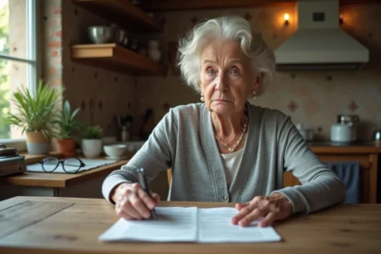 Femme âgée consultantdes documents de succession et acte de propriété d'une maison familiale