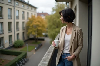 Femme sur le balcon d'un immeuble Plattenbau rénové à Berlin-Est, contemplant la rue en tenant un café