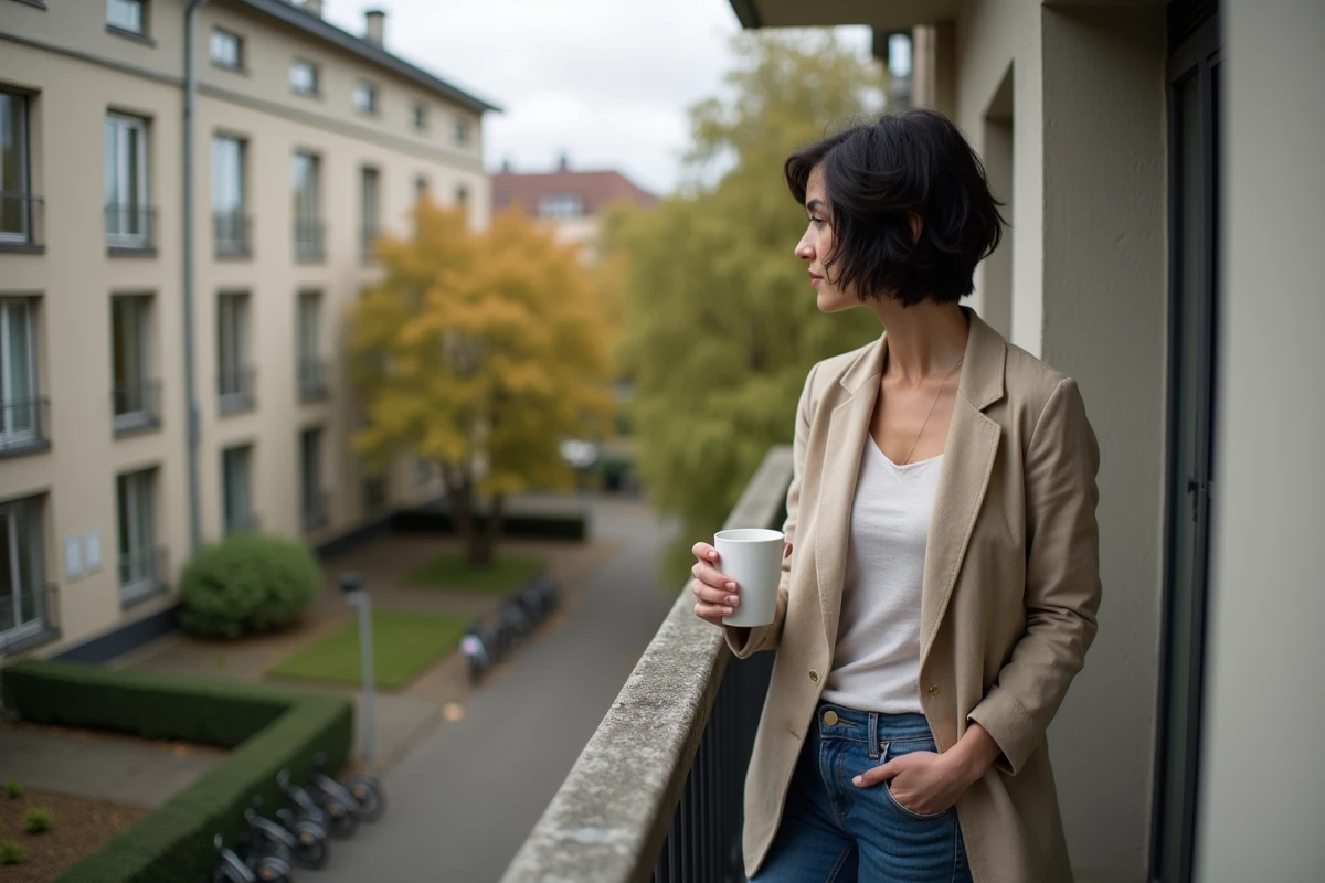 Femme sur le balcon d'un immeuble Plattenbau rénové à Berlin-Est, contemplant la rue en tenant un café