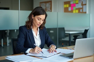 Femme d'âge moyen en blazer navy et blouse blanche examine documents Alinfr