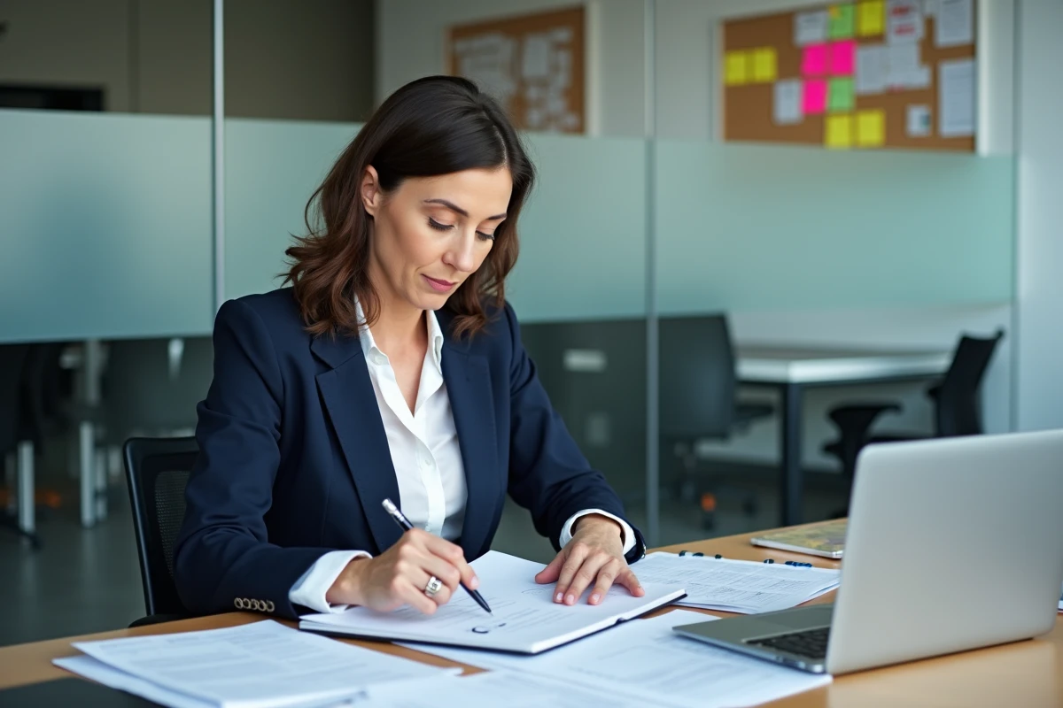 Femme d'âge moyen en blazer navy et blouse blanche examine documents Alinfr