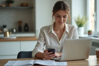 Femme en télétravail avec ordinateur et smartphone