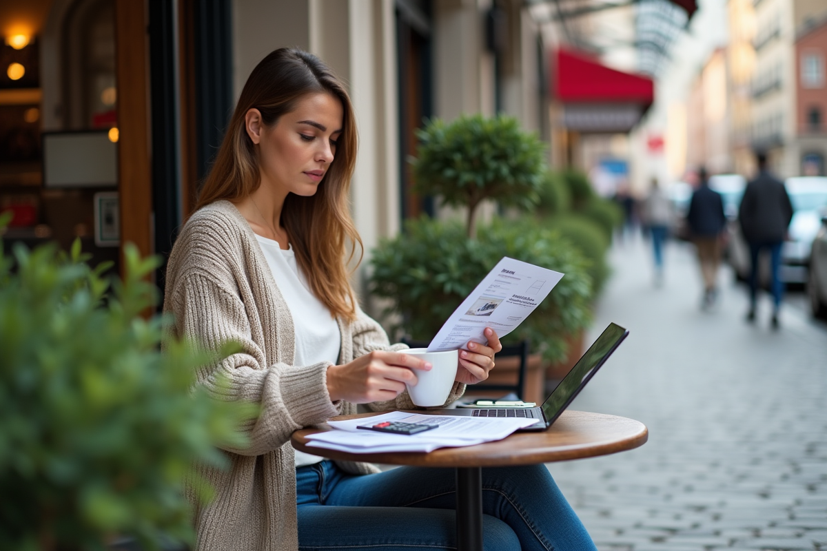 Femme assise dehors avec brochures et tablette