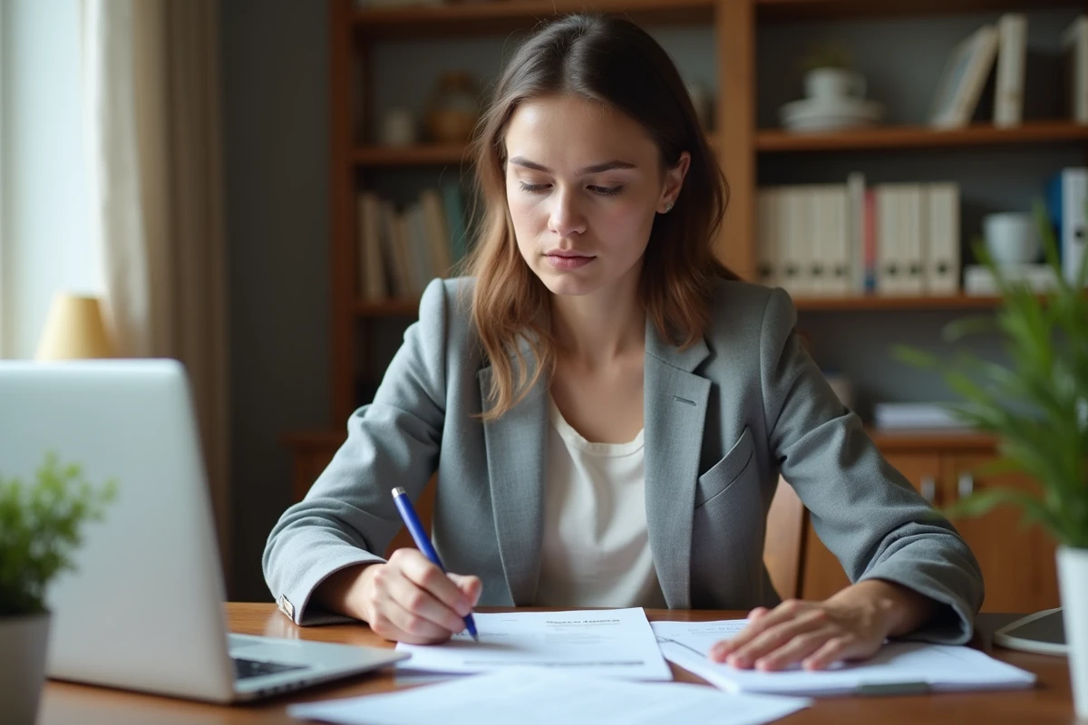 Jeune femme concentrée à la maison avec papiers et ordinateur