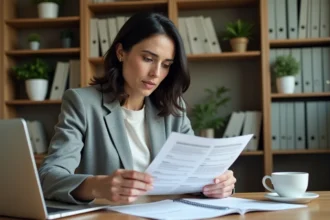 Femme consultant ses documents de charges de copropriété sur son bureau à domicile avec un portail client ouvert sur ordinateur portable