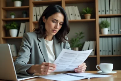 Femme consultant ses documents de charges de copropriété sur son bureau à domicile avec un portail client ouvert sur ordinateur portable