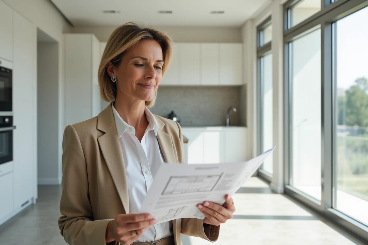 Femme consultant des plans dans un appartement T2 neuf aux finitions modernes