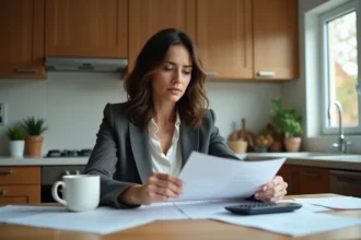 Femme réfléchissant à ses documents de prêt immobilier à la cuisine