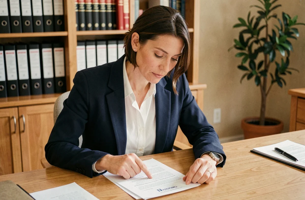 Femme consultant un contrat d'assurance habitation avec assistance juridique à son bureau à domicile
