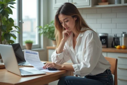 Femme vérifiant un contrat de location à la cuisine