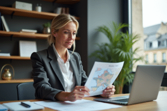 Femme d affaires tenant un contrat et étudiant une carte de France