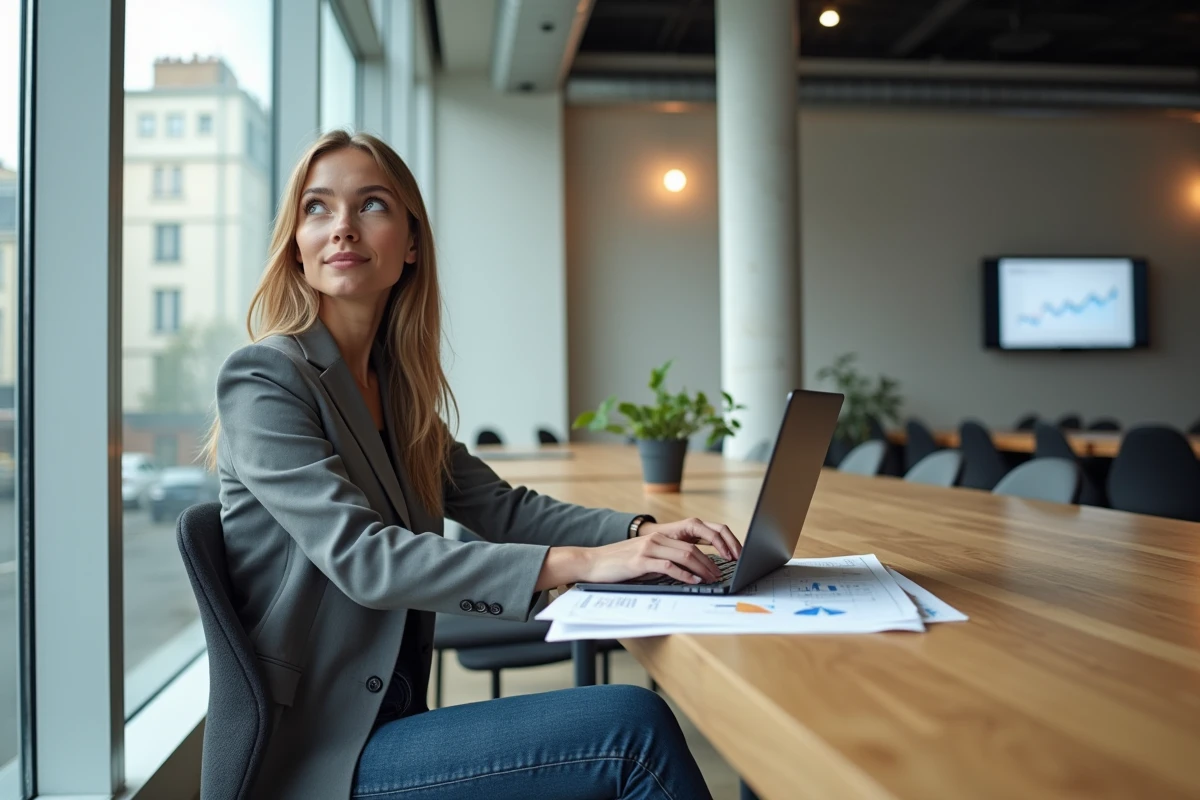 Jeune femme au coworking avec vue sur Avenue de l