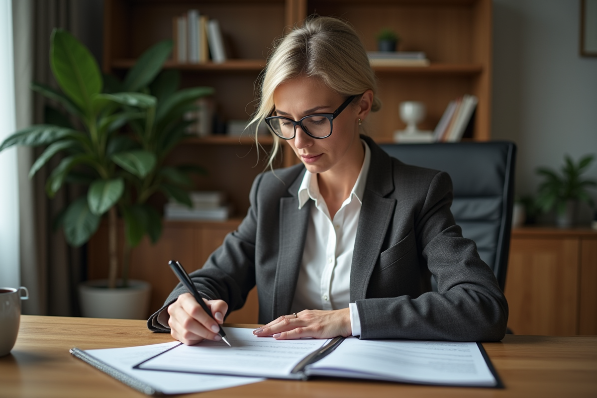 Femme d'affaires signant des documents dans un bureau moderne