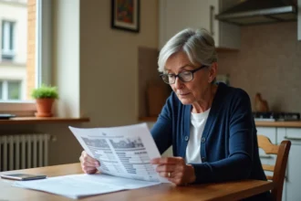 Femme d'âge mûr consultant des documents de mutation de logement social dans un appartement HLM