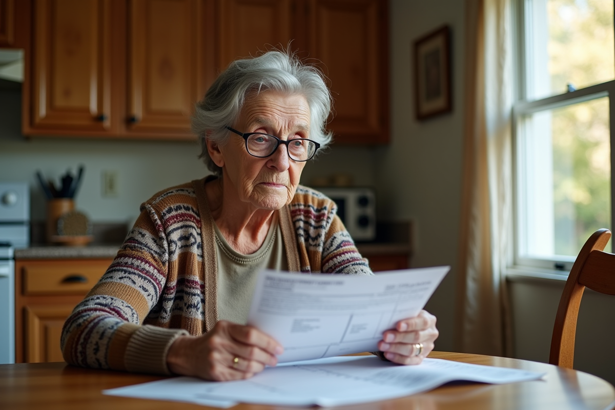 Femme âgée tenant un avis d'impôt foncier dans sa cuisine