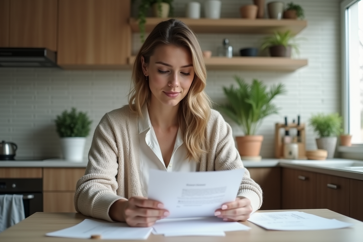 Femme étudiante en cuisine avec documents et expression optimiste
