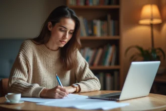 Femme remplissant un dossier d'aide au logement sur une table en bois avec un ordinateur portable affichant un site d'aide
