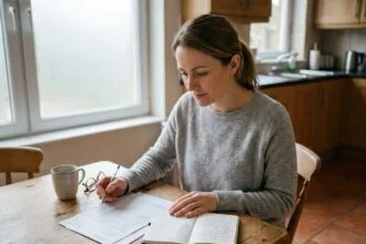 Femme gérant son budget et ses relevés de crédit à la consommation à table
