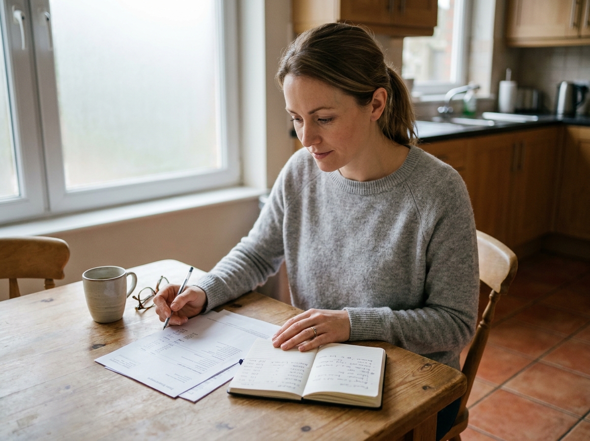 Femme gérant son budget et ses relevés de crédit à la consommation à table
