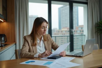 Femme d affaires examinant documents immobiliers dans un appartement moderne