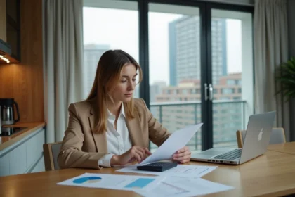 Femme d affaires examinant documents immobiliers dans un appartement moderne