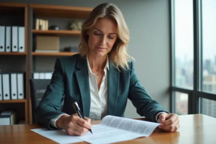 Femme d'âge moyen examinant un formulaire immobilier