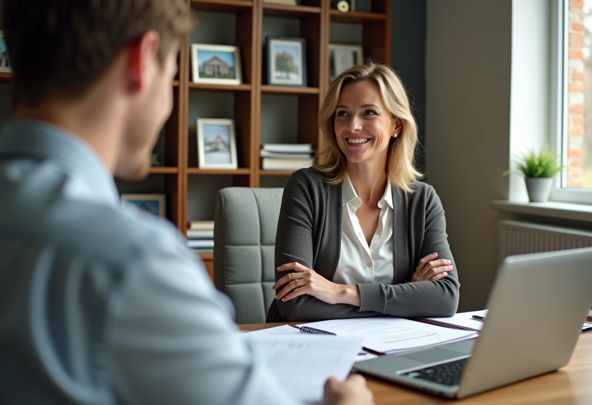 Femme souriante discutant avec un conseiller immobilier au bureau