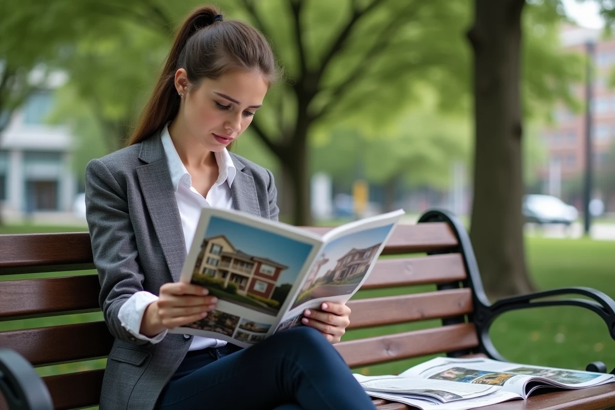 Jeune femme lisant magazine immobilier dans un parc