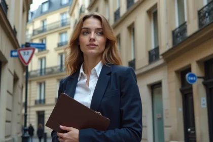 Jeune femme professionnelle avec dossier immobilier à Paris
