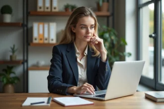 Femme professionnelle regardant un calculateur immobilier