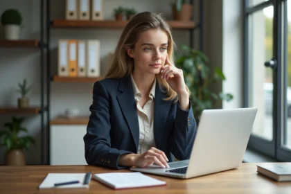 Femme professionnelle regardant un calculateur immobilier