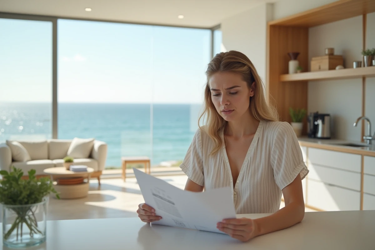 Jeune femme lisant une brochure immobiliere dans la cuisine