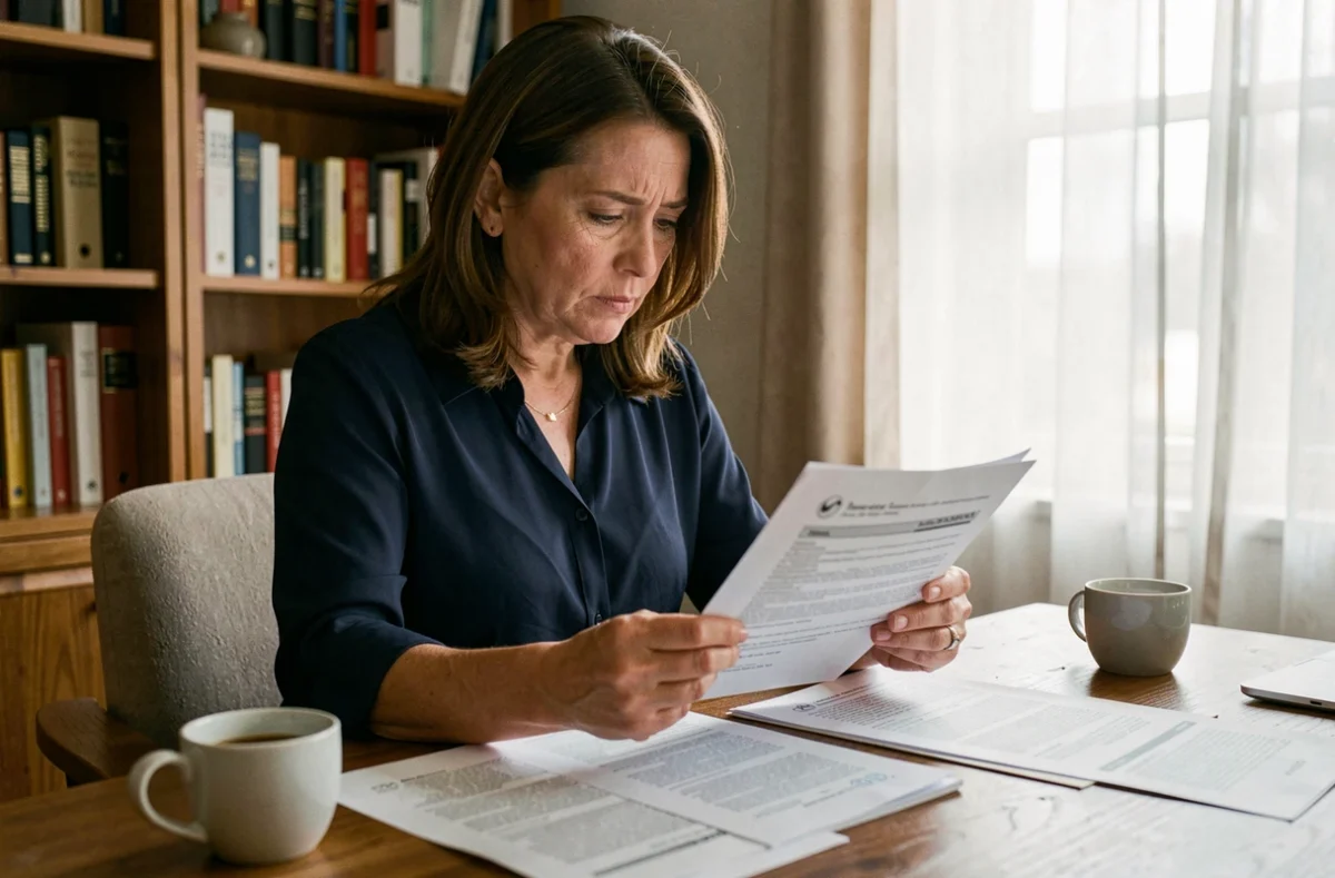 Femme lisant un contrat d'assurance habitation à son bureau à domicile avant de le résilier