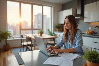 Femme lisant des documents immobiliers dans une cuisine lumineuse