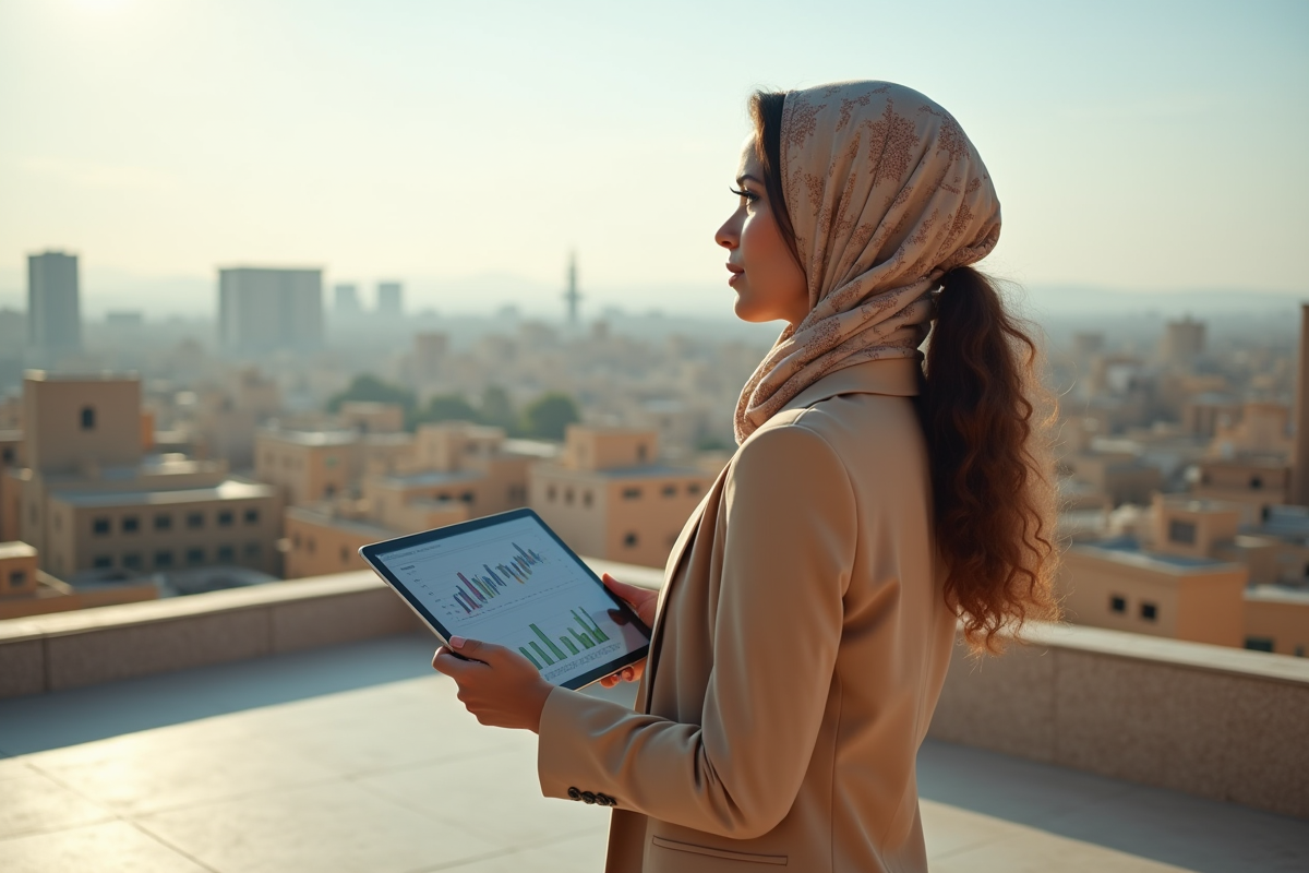 Jeune femme marocaine regardant la ville depuis le toit