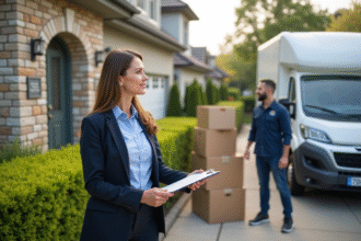 Femme professionnelle discutant avec un déménageur devant une maison