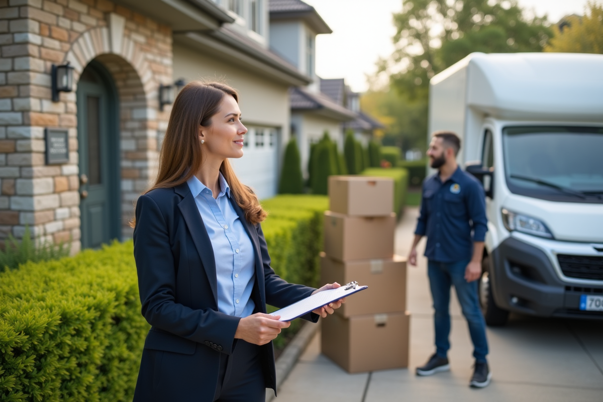 Femme professionnelle discutant avec un déménageur devant une maison