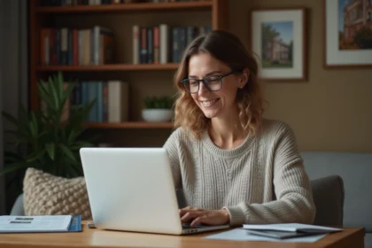 Femme souriante utilisant son ordinateur pour réserver en ligne