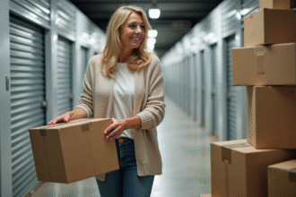 Femme organisant des cartons dans un centre de stockage moderne