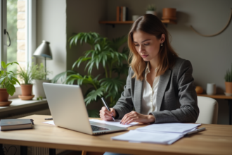 Femme organisée examinant documents immobiliers à son bureau